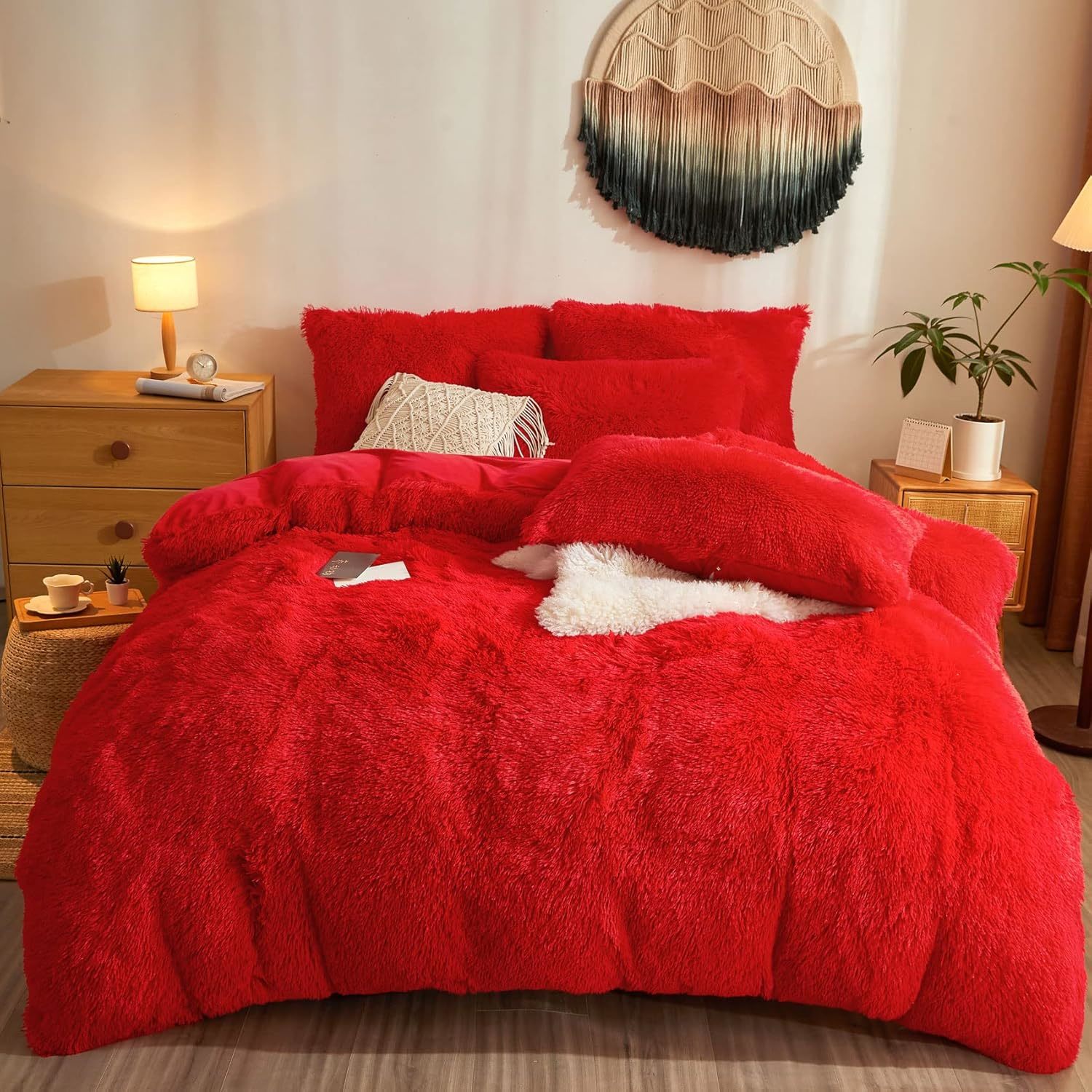 Red Fluffy Comforter Cover Shaggy Plush Set,Ultra Soft Faux Fur Duvet Cover Bedd