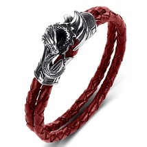 Double Braided Leather Hand Bracelet Men Stainless Steel Flying Dragon Bangles P - £16.33 GBP