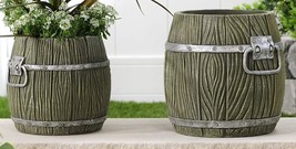 Barrel Style Planter Pot Set of 2 Cement with Handles 8.4" and 7" high Gray image 2