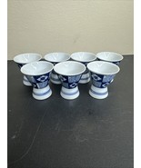 Set of 7 Vintage Japanese Sake Cups – Blue &amp; White Kanji Floral Guinomi ... - $50.00
