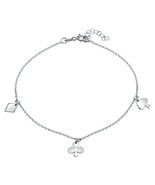 Sterling Silver Diamond, Clover, and Spade Charm Anklet Adjustable - £30.28 GBP