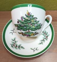 Spode Christmas Tree Flat Cup &amp; Saucer Set Green Trim England S3324 Vintage - $34.42 CAD