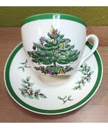 Spode Christmas Tree Flat Cup &amp; Saucer Set Green Trim England S3324 Vintage - $34.42 CAD