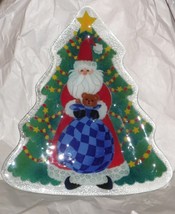 Peggy Karr Fused Glass Santa Christmas Tree Shape 14&quot; Tray Signed - $74.24