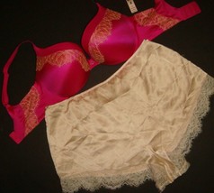 Nwt Victoria&#39;s Secret 34D Bh Set + M Shorts Hot Fuchsia Rosa Gold Chantilly Lace - £58.15 GBP