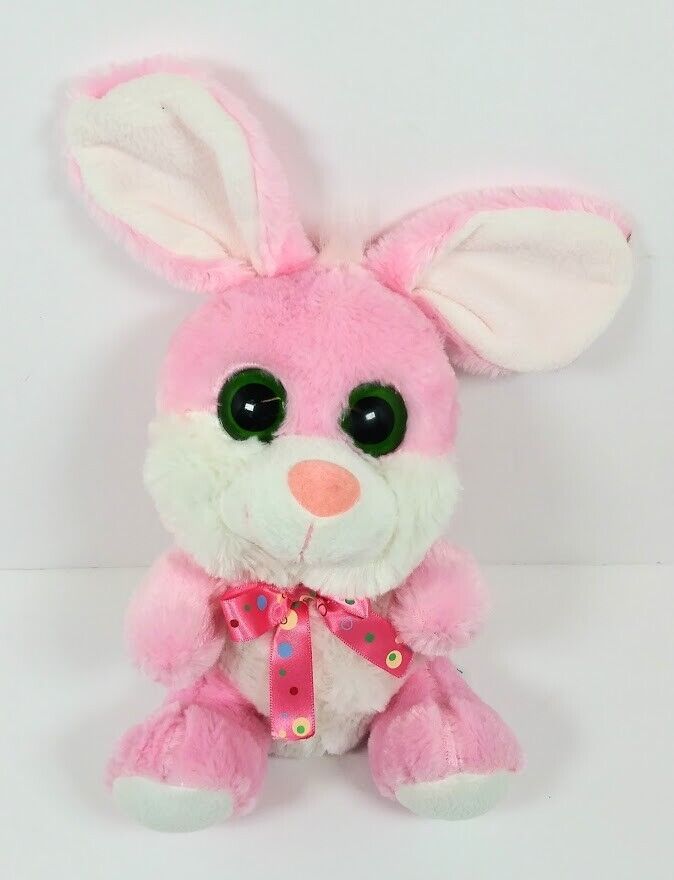 Hug & Luv Plush Pink Easter Bunny Rabbit Green Sparkle Eyes Pink Bow 12"  - $12.95
