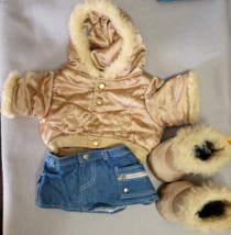 Build A Bear Outfit Gold Fur Trim Hooded Coat Boots Denim Skirt 3pc Boho Chic - £13.28 GBP