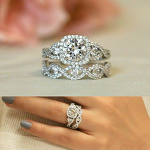 Halo Wedding Ring Set 2.85Ct Round Cut White Moissanite 14K White Gold in Size 6 - £263.87 GBP