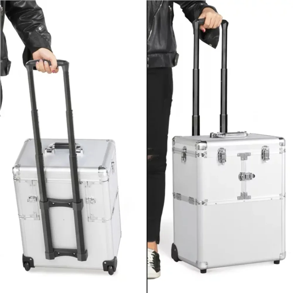 Rolling Makeup Train Case, Aluminum Cosmetic Trolley, Silver - £168.72 GBP