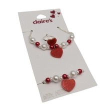 Claires Glitter Heart Girls Jewelry Set Ring Bracelet Necklace Faux Pearls - £9.64 GBP