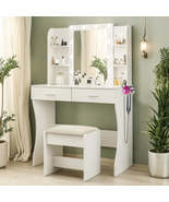 Vanity Desk with Mirror and Lights, Power Outlet &amp; Hair Dryer Rack, 2 Dr... - $322.27 CAD
