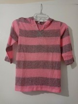 Derek Heart Girl Pink multi-color striped soft knit split neck hoodie M 300 - £9.49 GBP