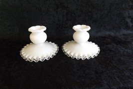 Fenton Candle Stick Holders Vintage Pair Milk Glass Silver Crest  - $19.99