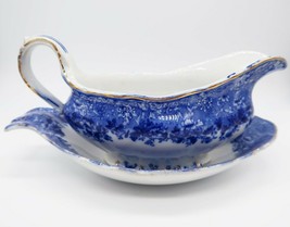 Vtg Dundee England Ridgway Semi Porcelain blue floral gravy boat &amp; catch plate - £47.39 GBP