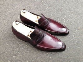 Handmade Men&#39;s Leather Maroon Stylish Fashion Loafers &amp; Slip Ons New Sho... - £181.70 GBP