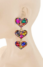 4" L Multicolor Acrylic Crystal Heart Cascade Statement Oversize Clip On Earring - £16.32 GBP