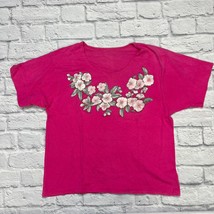 Vintage Glitter Puffy Paint Floral Logo Short Sleeve Shirt Pink Cropped ... - $22.72