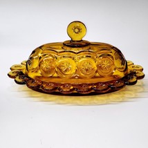 LE Smith MOON AND STARS Butter Dish Rich HONEY GOLD AMBER - Vintage 1950... - $54.29