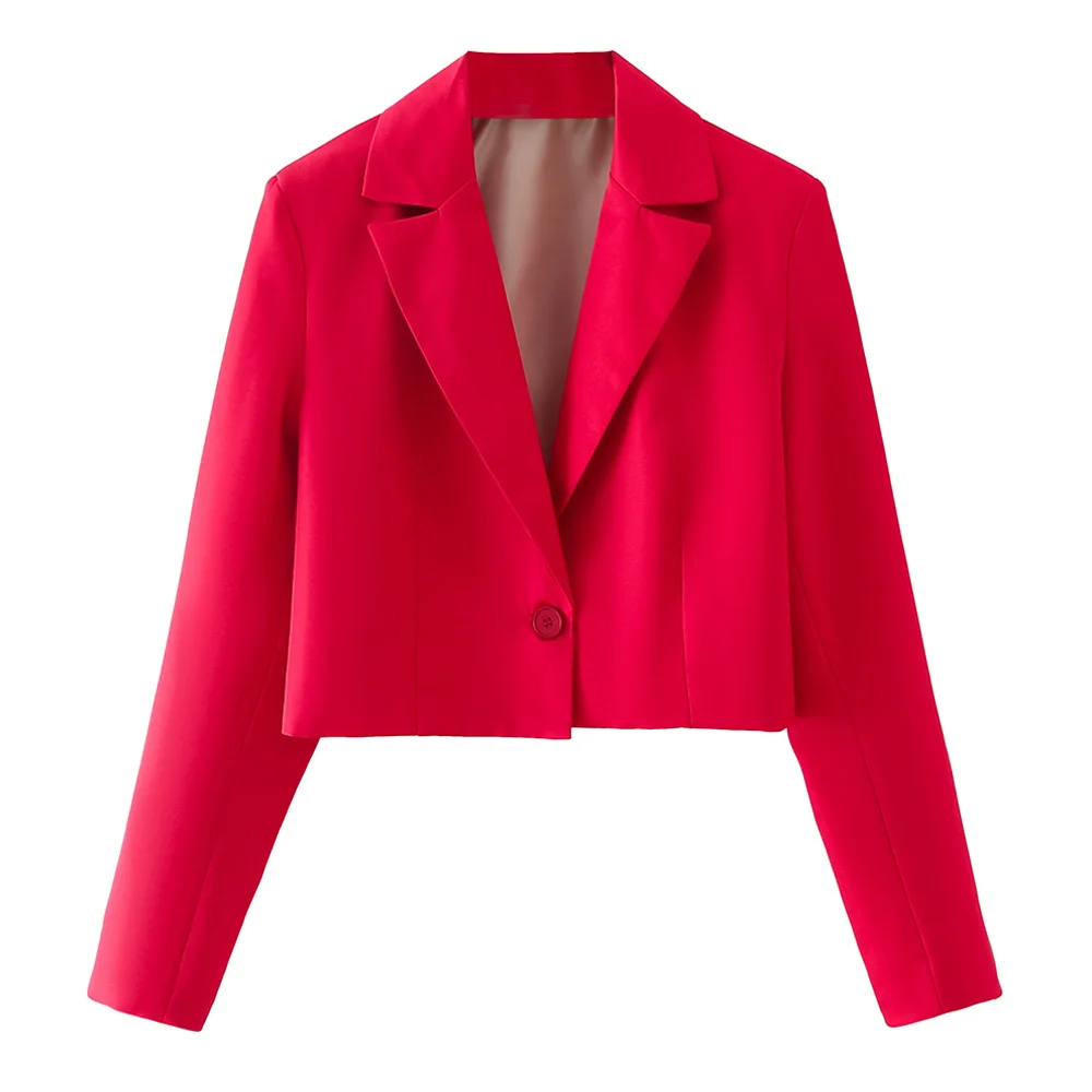TRAF  Women  Single Button Crop Blazer Coat Vintage Notched Collar Long Sleeve F - £118.08 GBP