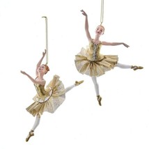Kurt Adler Set Of 2 Metallic Gold Ballerinas In Arabesque Pose Xmas Ornaments - £22.59 GBP