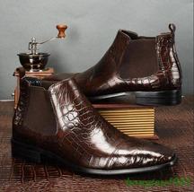 Handmade Men Brown Color Crocodile Embossed Calfskin Leather Chelsea ankle boot - £118.69 GBP