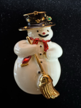 Vintage Enamel Snowman Brooch Gold Tone Christmas Holiday Broom Top Hat - $18.80