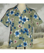 CARIBBEAN JOE Hawaiian Shirt Olive Green Blue White Red Floral Size Medi... - $19.79