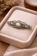 Vintage Silver Tone Filigree Brooch Faux Pearl Rhinestone Bar Pin 1.75” - $13.50