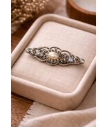 Vintage Silver Tone Filigree Brooch Faux Pearl Rhinestone Bar Pin 1.75” - $13.50