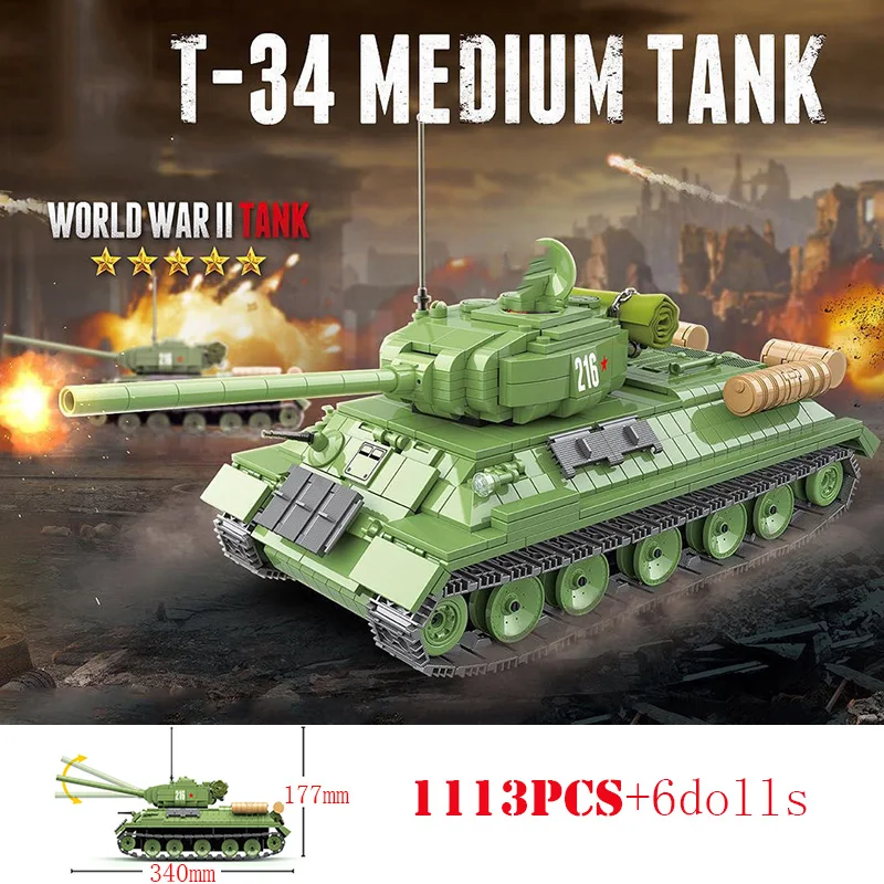 Military World War II Soviet T-34 Medium Tank Building Blocks WW2 Solider Amry - £50.54 GBP+