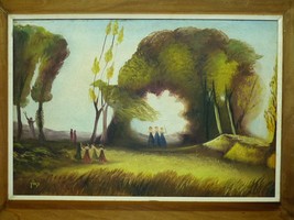 Nicola Kovetz Vintage Signed Oil Painting, Spooky Scene Women &amp; Magicians in Fie - £210.65 GBP