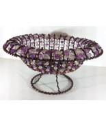 Handmade Extra Lg BEADED METAL WIRE CONSOLE BOWL Basket Purple Beads Foo... - $36.09