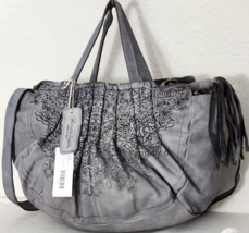 CATERINA LUCCHI DESIGNER LAZER CUT FLORAL GREY LEATHER LG TOTE BAG X-BOD... - $346.49