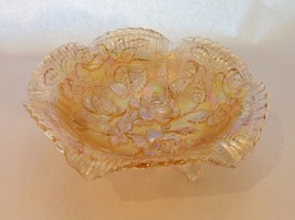 Carnival 3-Footed Glass Bowl Clear/Marigold/Orange Iridescent with Rose Design - £15.68 GBP