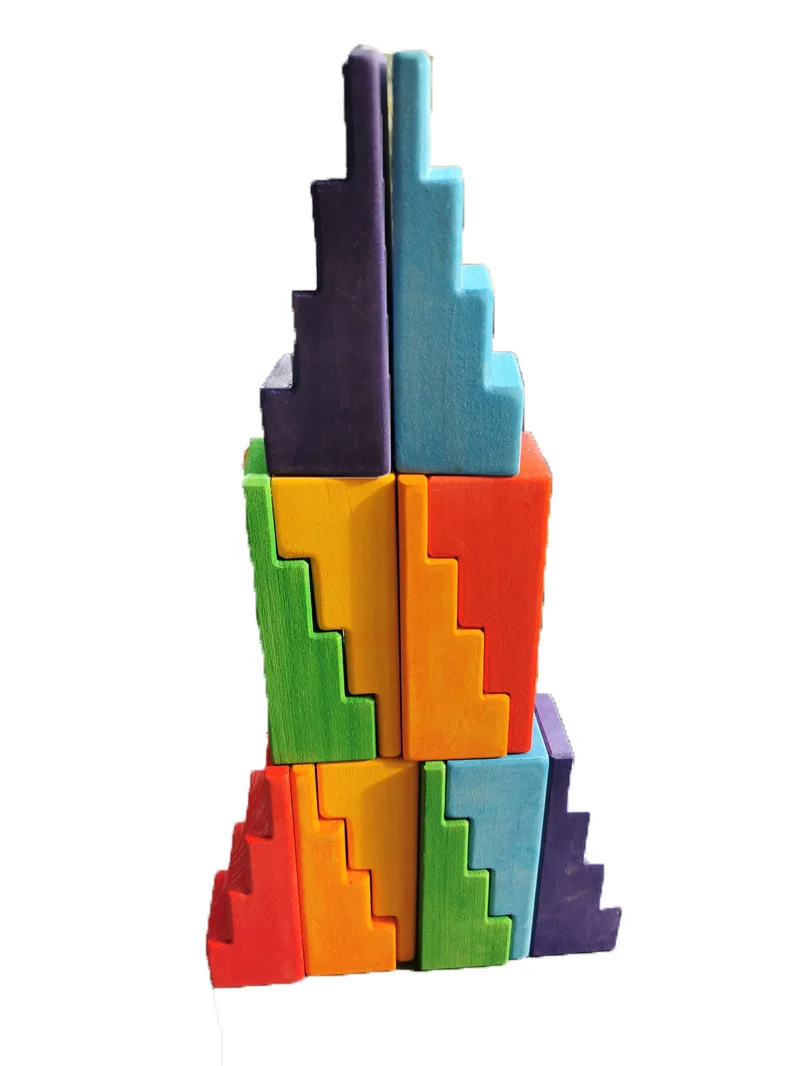 Wooden Rainbow Building Blocks Set Pastel  Stepped Roofs Stacking Stairs For - £50.35 GBP