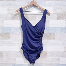 Jantzen Ruched Surplice One Piece Swimsuit Navy Blue Padded Faux Wrap Wo... - $39.59