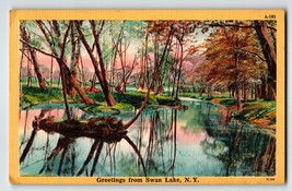 Greetings From Swan Lake New York Postcard Linen 1950&#39;s Reflective Trees Park - £13.67 GBP