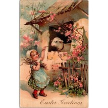Antique Embossed Easter Greetings Postcard, Girl with Lamb and Pink Blossoms, PF - £9.86 GBP