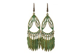 Boho Tassel Earrings, Tribal Feather Earrings, Green Patina on Brass - £8.62 GBP