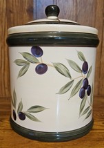 222 Fifth China Canister Medium &quot;Olive&quot; Black olives/Green Leaves 6&quot;H X 5&quot;D - $18.70