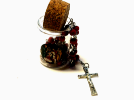 Holy Family Miniature Rose Scented Wood Bead Rosary in Glass 1 3/4" Bottle, New - £7.91 GBP
