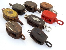 Lot of 8 pcs Vintage Maritime Large Wooden Pulley Barn Iron Hook Block Tackle - £236.64 GBP