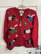 Vintage Tiara International Scottie Dog Christmas Sweater M Full Zip Santa Hats - £19.77 GBP