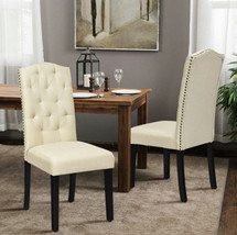 Dining Chairs Set of 2 Tufted Upholstered Chair White Beige Linen Fabric Wood - £118.23 GBP