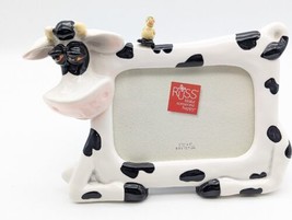 Ceramic 6&quot; Whimsical 3D Humor Black &amp; White Cow Photo Frame with Bird on... - £13.78 GBP