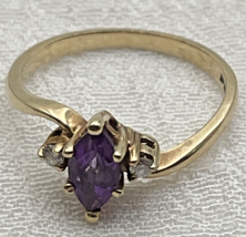 Vintage 10k Yellow Gold Marquise Cut Purple Amethyst Ring Diamond Accent... - $170.95