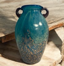 Pier 1 Imports  Art Glass Milano Amphora Teal Blue Gold 8” Vase Aventurine - $673.94 MXN