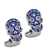DAY OF THE DEAD CUFFLINKS Blue Enamel Sugar Skull Halloween Skeleton w G... - $12.95