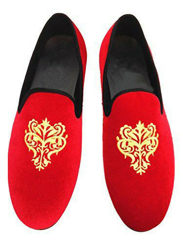 Men Red Velvet Gold Embroidered Party Wear Loafer Slip On Handmade Shoes US 7-16