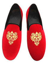 Men Red Velvet Gold Embroidered Party Wear Loafer Slip On Handmade Shoes US 7-16 - £110.19 GBP
